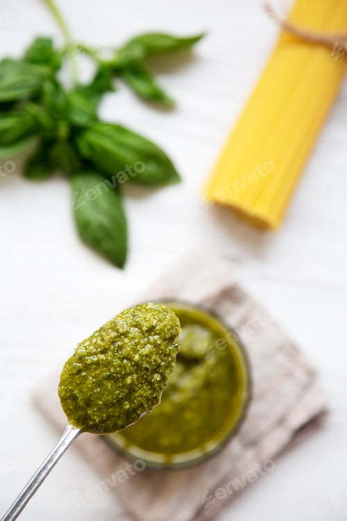 Preview: Spoon Of Basil Pesto, Top View. Overhead.
