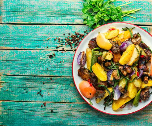 Preview: Grilled Meat And Vegetables On Rural Wooden Background.Roasted Meat With Vegetables.Space For Text