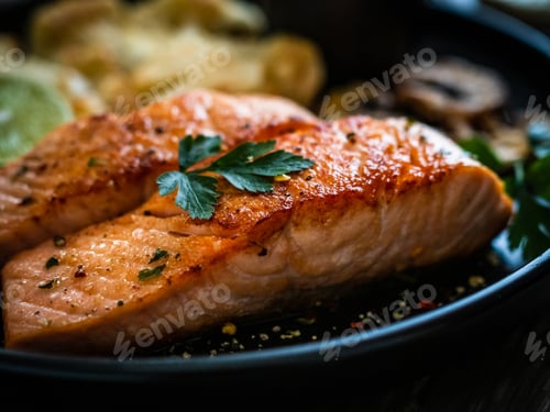 Preview: Roasted Salmon Steaks With Fried Cauliflower, Fried Brown Champignons, Lime And Mayonnaise On