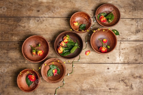 Preview: Assorted Ceramic Bowls With Fresh Flowers On A Vintage Table. Collection Of Traditional Dishes And