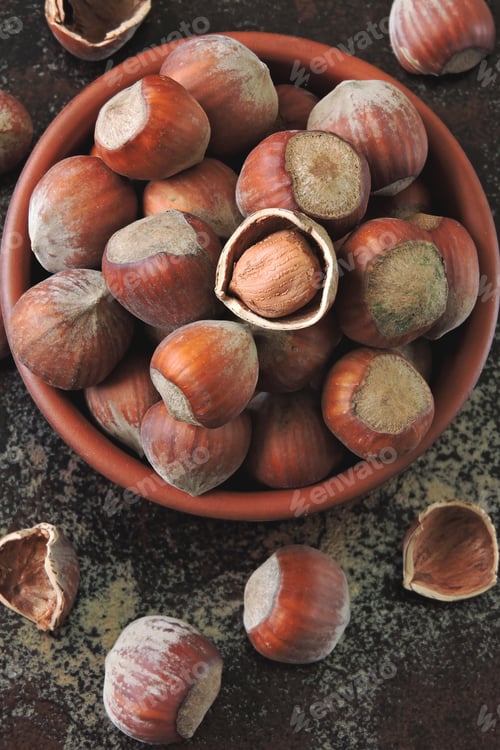 Preview: Hazelnuts In A Bowl. Fresh Hazelnuts In The Shell.