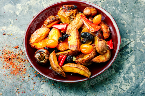 Preview: Plate With Delicious Fried Homemade Potatoes With Mushrooms