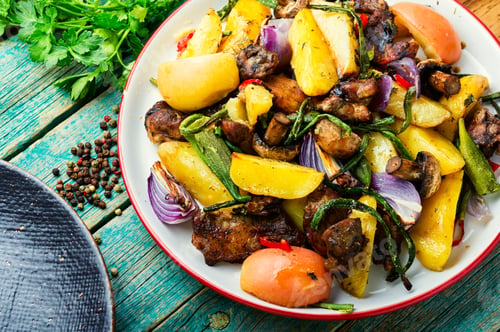 Preview: Baked Meat With Potatoes,Apples,Mushrooms And Okra.Roasted Meat With Vegetables.