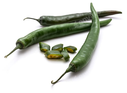 Preview: Three Whole Green Chili Peppers And Slices Isolated On White Background