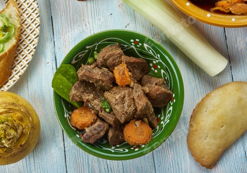 Preview: Scouse, Lamb Or Beef Stew, Welsh, Cuisine, British Traditional Assorted Dishes, Top View.