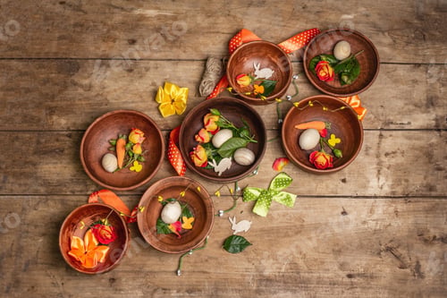 Preview: Easter Ceramic Bowls With Eggs, Bunnies, And Fresh Roses On A Vintage Table. Collection Of