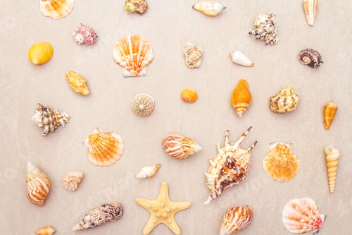 Preview: Seashells Summer Background. Lots Of Different Seashells Piled Together, Top View