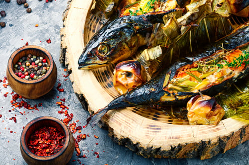 Preview: Baked Mackerel In Leek Leaves.Fish With Pumpkin Filling.Seafood