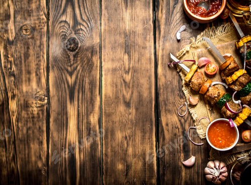 Preview: Shish Kebab Of Meat And Vegetables With The Sauce.On Wooden Background.