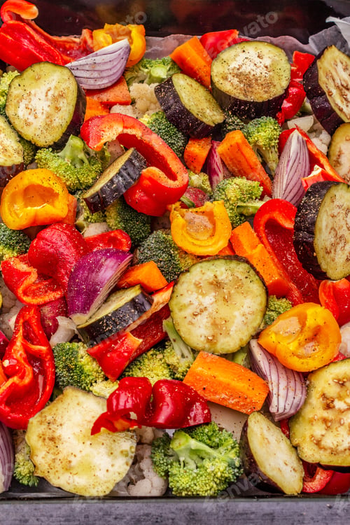 Preview: Assorted Fresh Vegetables On A Baking Sheet. Healthy Food Lifestyle. Salt, Oil, Spices, Close Up
