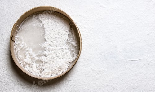 Preview: Baking The Dough . Wooden Sieve With Flour. Free Space For Text . Top View