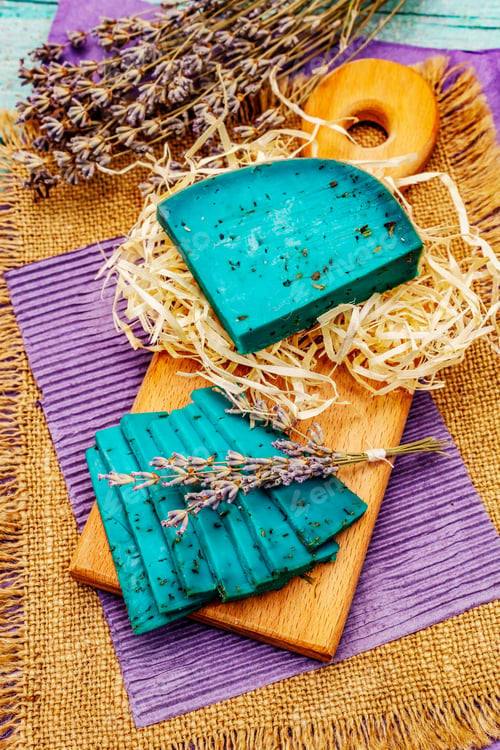 Preview: Dutch Blue Cheese With Lavender. Piece And Slices, Dry Fragrant Flower, Cutting Board. Trendy