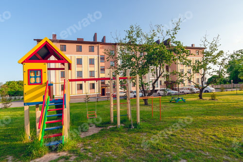 Preview: Playground Of Children'S Near A House. Vintage Photo