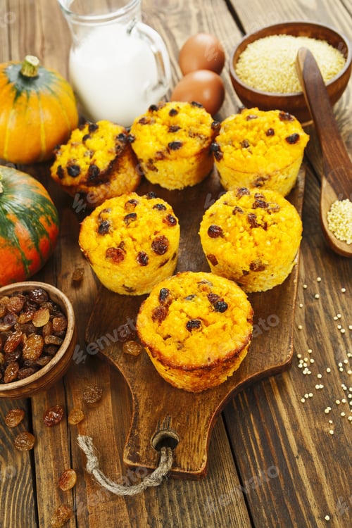 Preview: Pumpkin Cake With Millet And Raisin On The Wooden Table