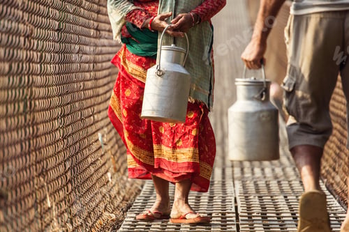 Preview: People Carrying Milk On The Bridge In Himalaya Mountain, Nepal