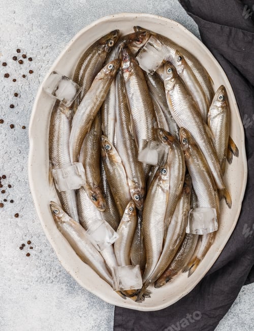 Preview: Smelt. Fresh Raw Sea Small Fish. Selective Focus