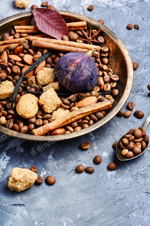 Preview: Coffee Beans, Cinnamon,Star Anise And Spice. Aromatic Coffee Spices