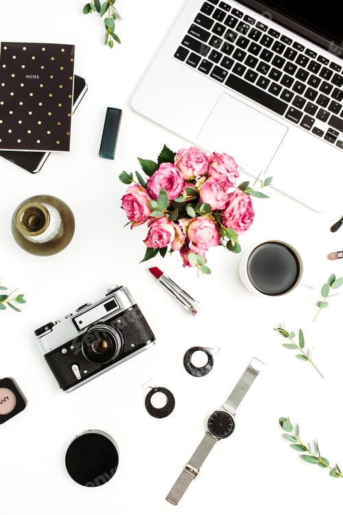 Preview: Woman Fashion Home Office Desk. Workspace With Laptop, Rose Flowers Bouquet, Retro Camera