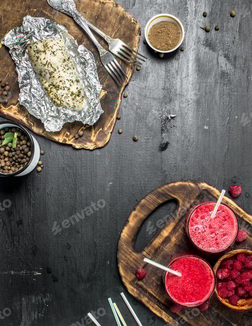 Preview: Healthy Lunch Of Chicken Fillet And Berry Smoothie. On Black Background.