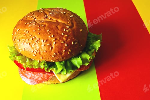 Preview: Hamburger On A Background With A Hamburger Color. Food Minimalism. Salami Sandwich In A Minimalist