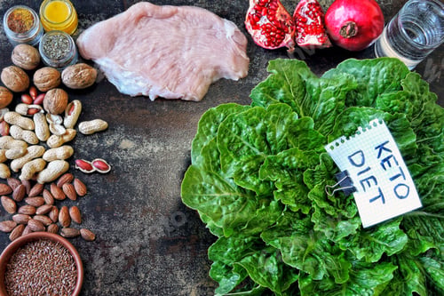 Preview: Keto Diet Concept. A Set Of Products In Raw Form With Green Romain Lettuce, Turkey Breast