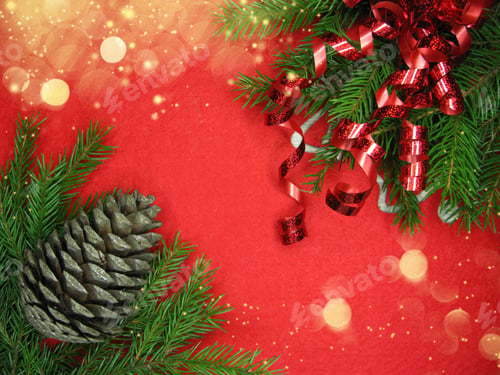 Preview: Christmas Background And Cones Decoration With Fir Branches On Red Board