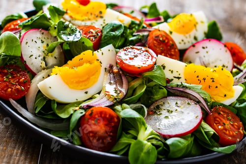 Preview: Salad With Boiled Egg And Vegetables On Wooden Table