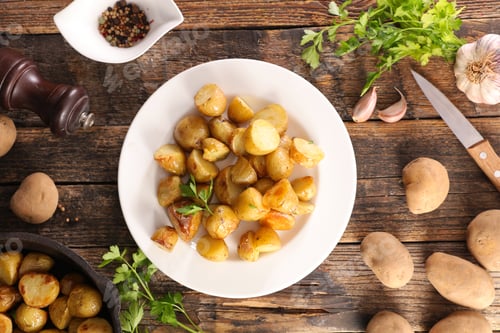 Preview: Grilled Potato With Herb On Wood Background, Top View