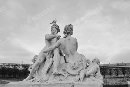 Preview: Sculptural Group On The Streets Of Paris, France. Black And White.