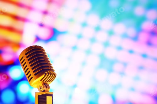 Preview: Retro Style Microphone On Background With Backlight. Vintage Silver Microphone For Sound, Music