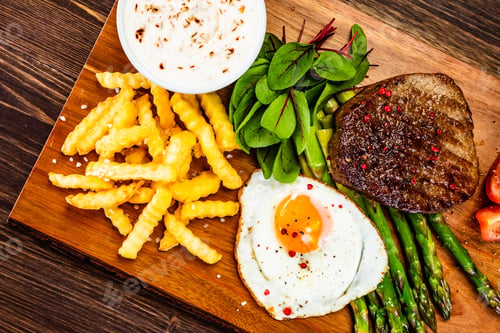 Preview: Grilled Steak With Asparagus, Sunny Side Up Egg And French Fries
