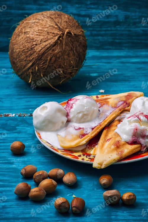 Preview: Freshly Baked Waffle Pecan Coconut Dessert With Appendices Ice Cream .Shallow Dof