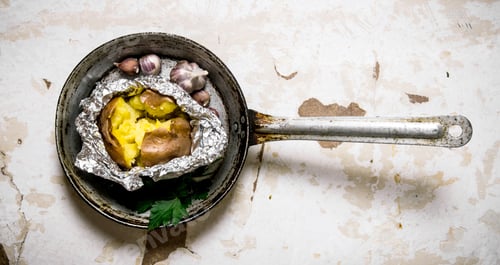 Preview: Potato Food . Baked Potatoes In A Pan On An Old Rustic Table . Top View