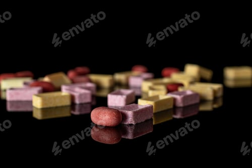 Preview: Bright Lot Of Whole Sweet Pastel Candy Heap Isolated On Black Glass