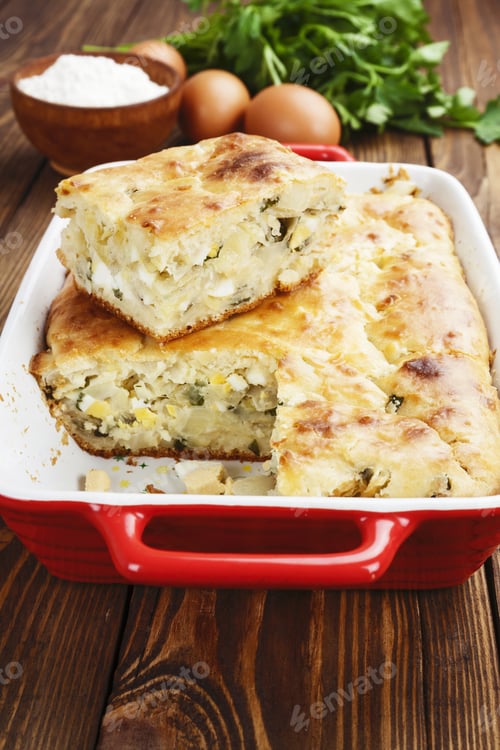 Preview: Homemade Pie With Cabbage And Eggs In A Ceramic Pot