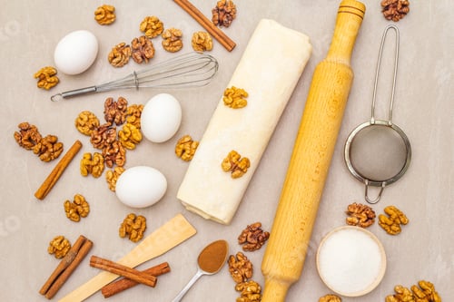 Preview: Raw Ingredients For Walnut Pie. Baking Concept Cooking On Stone Background, Top View