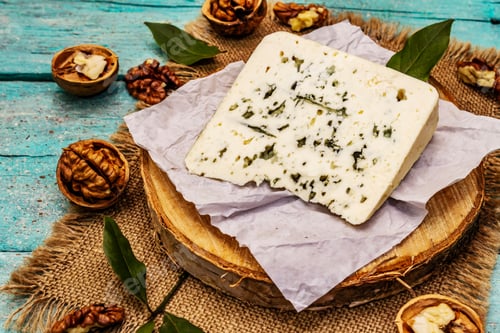 Preview: Cheese With Blue Mold. Ingredient For A Cheese Plate. Nuts, Fragrant Bay Leaves, Knife. Trendy