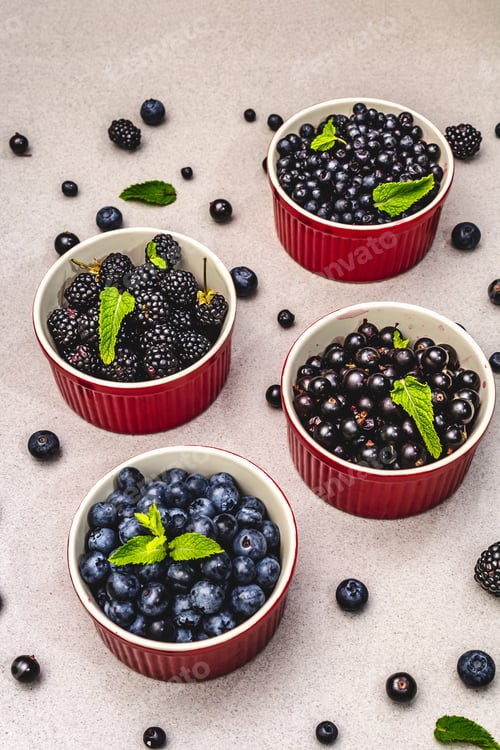 Preview: Assorted Berries In Blue And Black Colors: Bilberry, Blueberry, Currant And Blackberry. Stone
