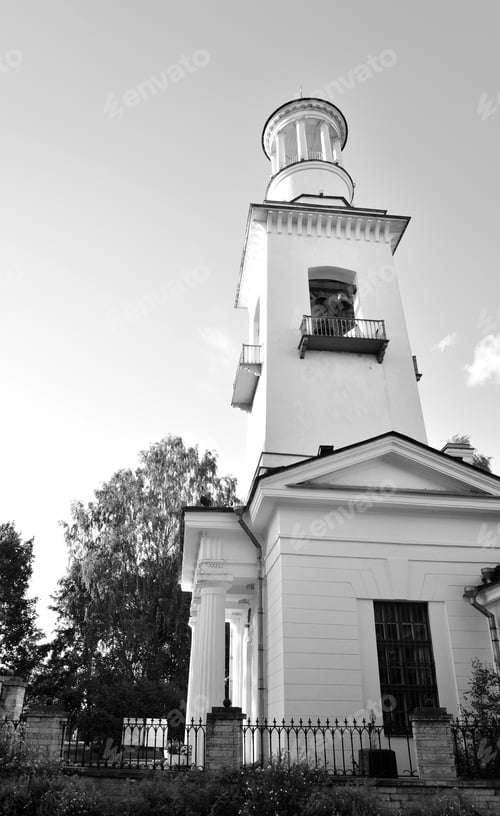 Preview: Church Of St. Alexander Nevsky In Ust-Izhora Town, St.Petersburg Suburb, Russia. Black And White.