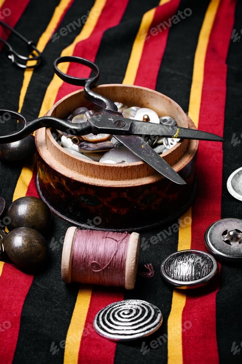 Preview: Scissors ,Iron, Stylish Old-Fashioned Buttons And Thread