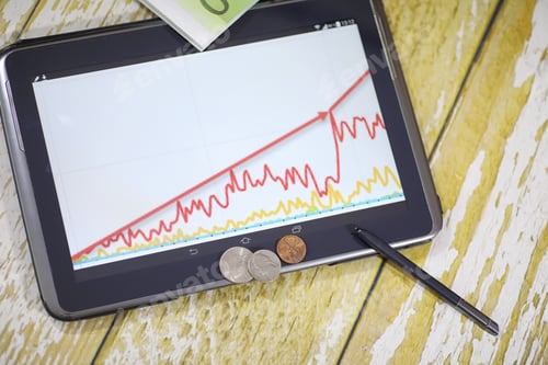 Preview: The Graph Of Income Growth. Electronic Tablet With A Graph Of Growth Rates Of Profit. The Currency