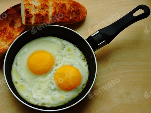 Preview: Fried Eggs In A Frying Pan And Toast. Top View.