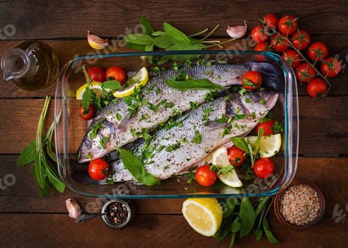Preview: Two Raw Seabass In A Baking Dish With Spices On An Old Wooden Background. Top View