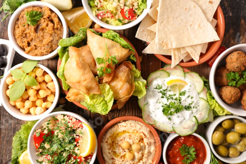 Preview: Assorted Of Lebanese- Samosa, Pita Bread, Chickpea, Hummus