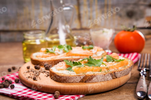 Preview: Sandwich With Red Fish And Fresh Parsley On Wooden Background