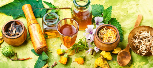 Preview: Mortar And Bowl Of Raw And Dried Healing Herbs.Alternative Or Herbal Medicine