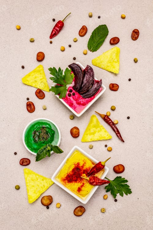 Preview: Hummus, Healthy Vegan (Vegetarian) Food. Assorted Three Types: Classic, Mint And Beetroot. Edamame