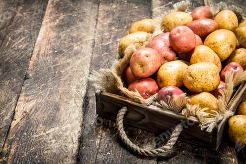 Preview: Fresh Potatoes On A Wooden Tray. On A Wooden Background.