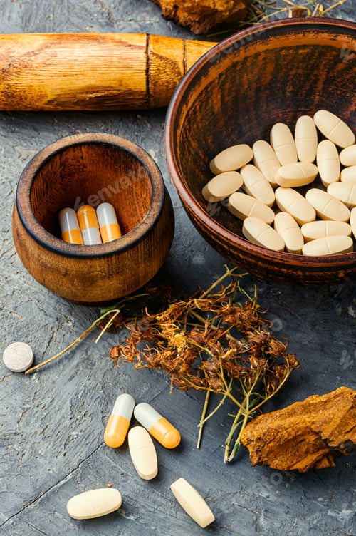 Preview: Herbal Pills With Healthy Medical Plant.Alternative Medicine Herbal And Pills