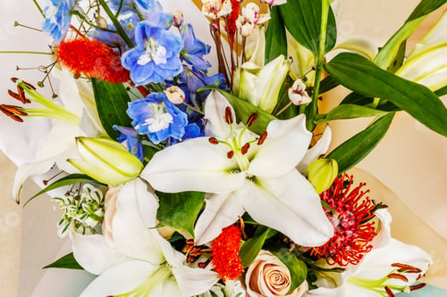 Preview: Bouquet Of Summer Festive Flowers. The Concept Of A Romantic Gift. Bridal Bouquet. Light Wooden